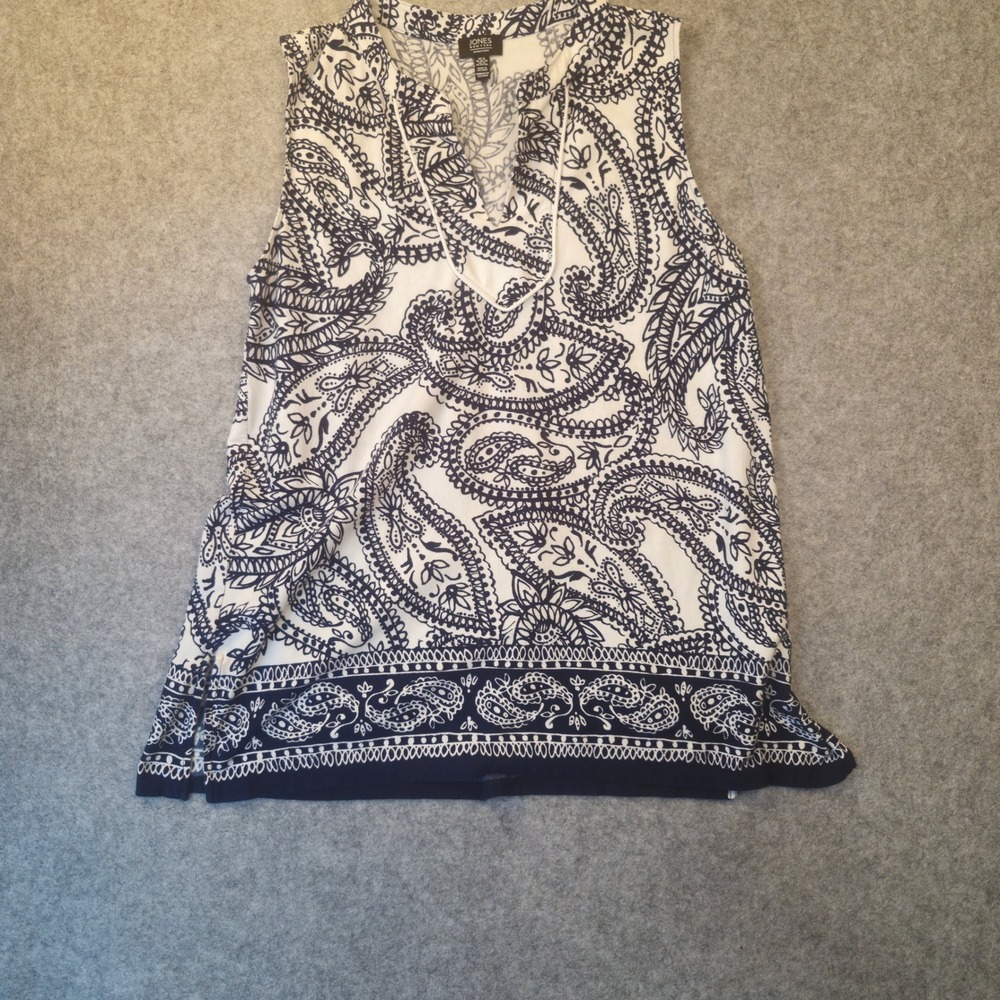 Jones New York Signature Navy White Paisley Sleeveless V-Neck Top Plus Size 1X